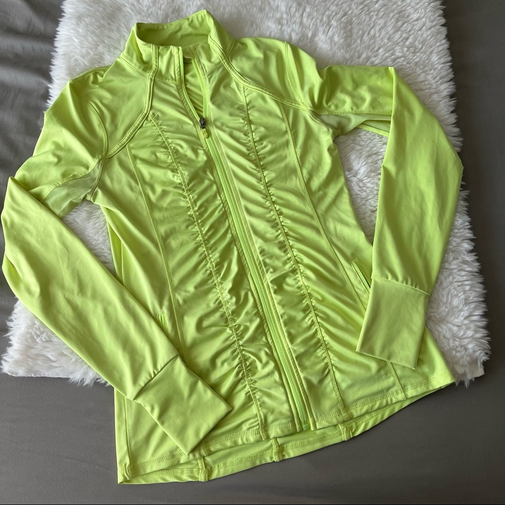 Kyodan Neon Ruched Full Zip Athletic Running Jacket Zip Pocket Size Small Yellow